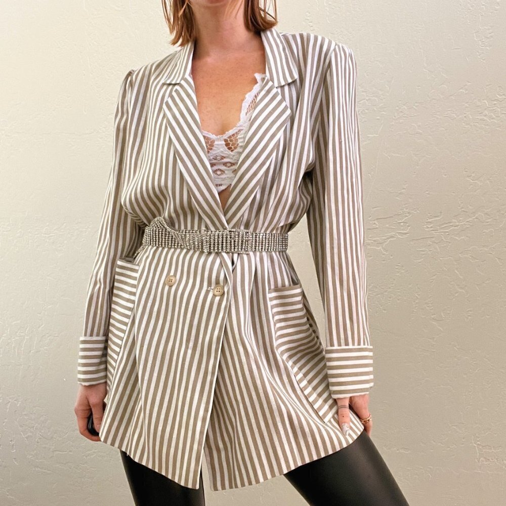 Vintage Tan White Stripe Oversized Linen Blazer